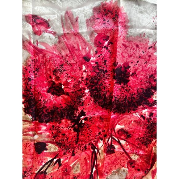 Silk Scarf 30" x 30" Abstract Red Floral & Green Design Rolled Hem - Picture 6 of 7